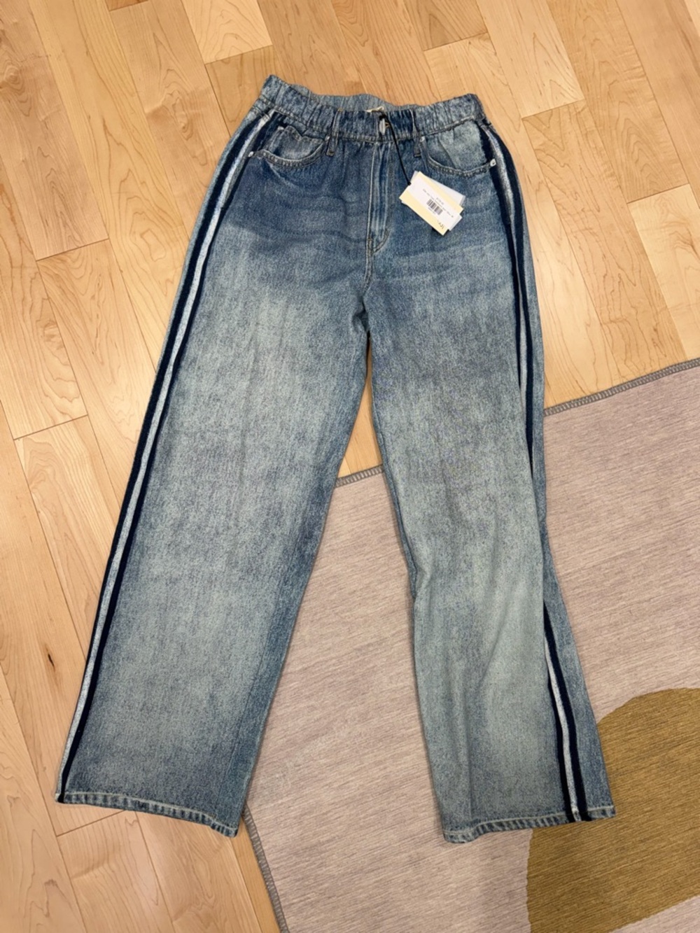 Elan Light Blue Denim Elastic Waist  sweatpant Jeans with Subtle Stripe